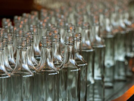 Rows of empty, clear glass bottles standing closely together in a production facility.